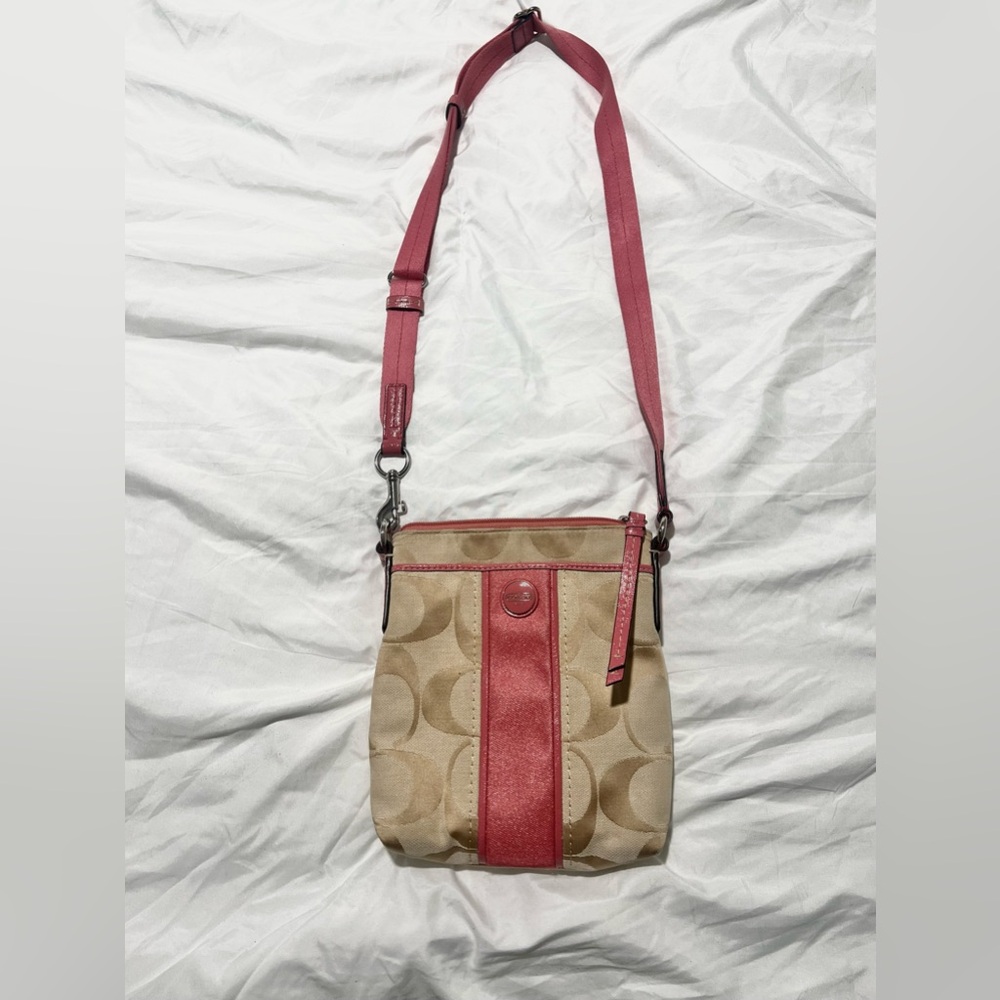Y2K Coach beige and coral pink monogram signature stripe crossbody bag